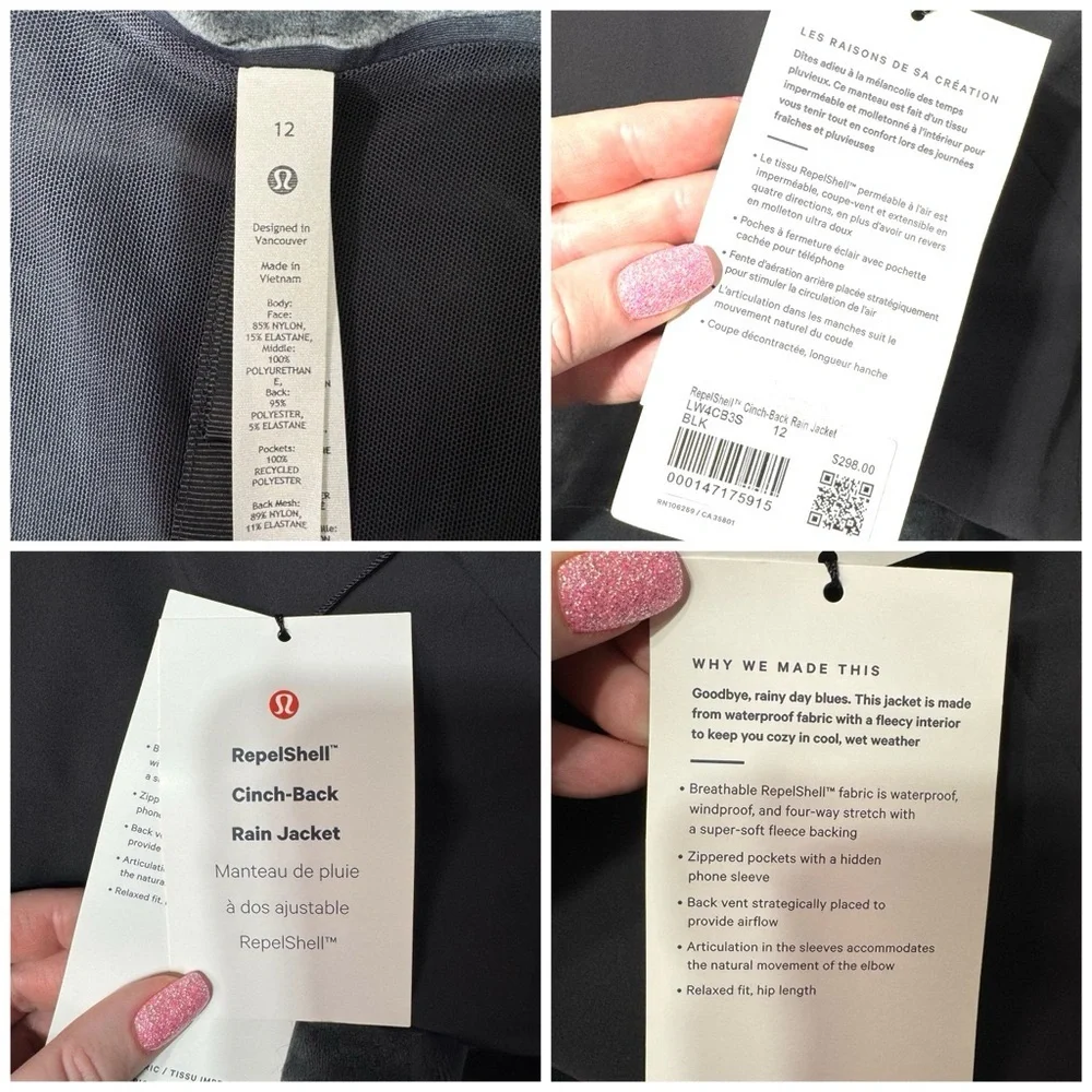 Lululemon RepelShell Cinch Back Rain Jacket Waterproof Windproof Velour Lined 12 - Picture 13 of 13